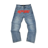 SP5DER Red Logo Light‑Wash Jeans
