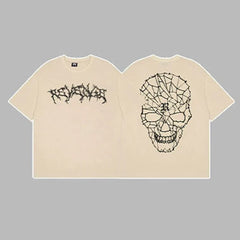 Revenge Arch Logo & Geometric Shattered Skull Graphic Short Sleeve T-Shirt Beige