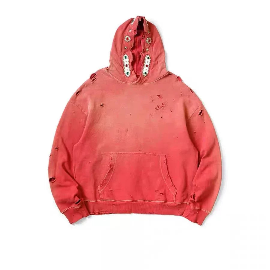 Bieber's same 25AW KAPITAL Hirata and Hiroshi style batik wash damaged gemstone hooded sweatshirt