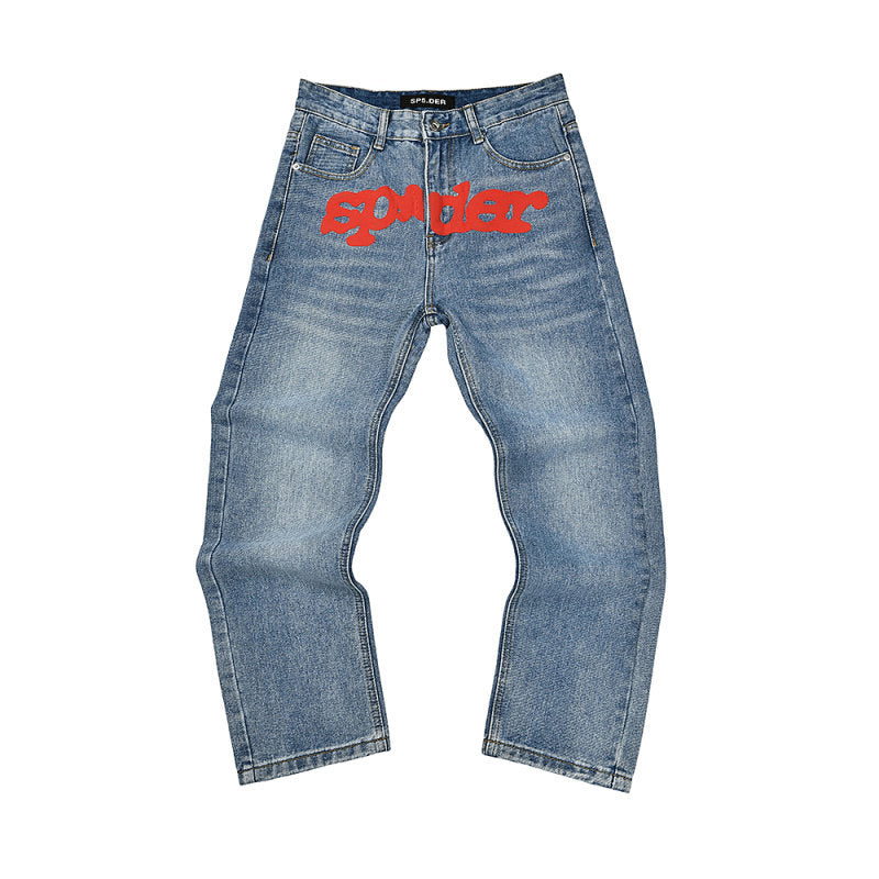 SP5DER Red Logo Light‑Wash Jeans