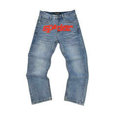 SP5DER Red Logo Light‑Wash Jeans