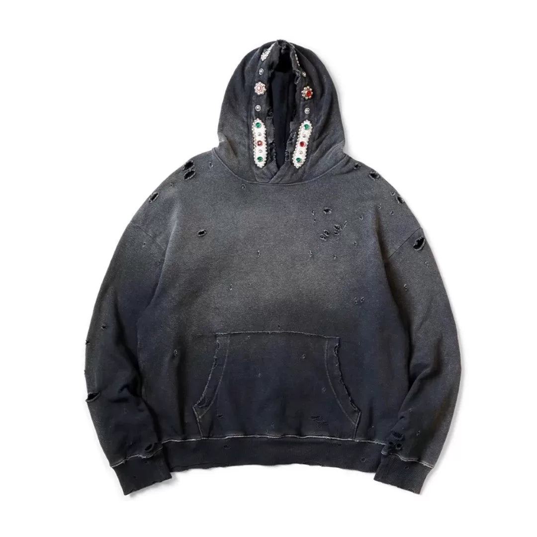 Bieber's same 25AW KAPITAL Hirata and Hiroshi style batik wash damaged gemstone hooded sweatshirt