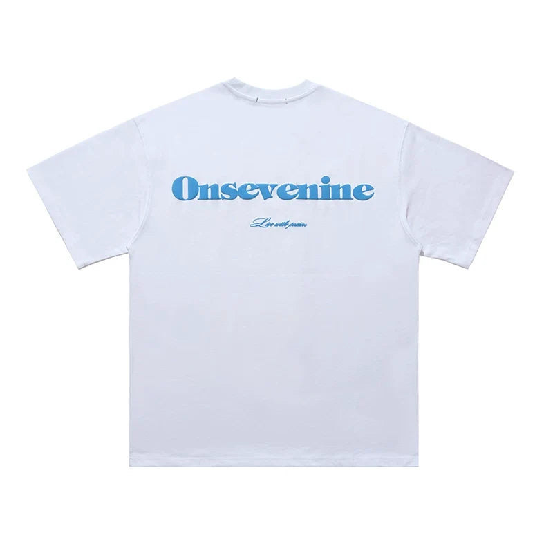ONSEVENINE "Live with Passion" Blue Lettering White Tee
