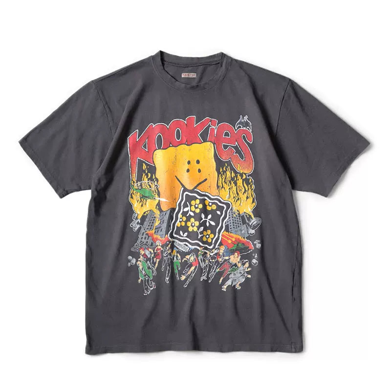 KAPITAL24SS Hirata and Hongri style wax printed distressed and cracked fun print round neck short sleeved T-shirt