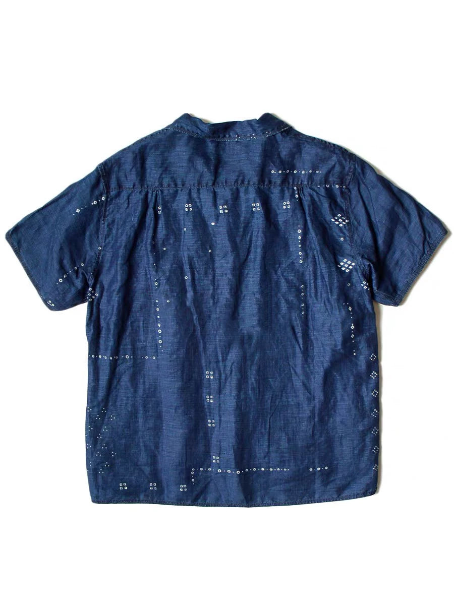 21SS KAPITAL Hirata Kazuhiro Blue Dyed Denim Denim Cotton Printed Splicing Japanese Retro Short Sleeve Shirt