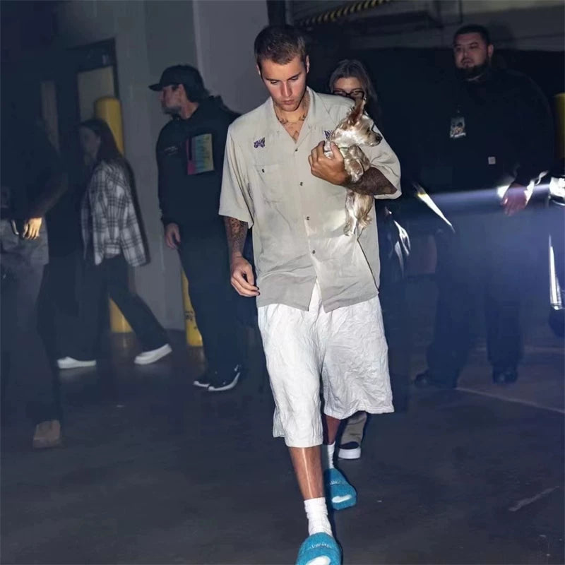 Needles Bieber's summer court style butterfly embroidery niche pocket loose short sleeved shirt