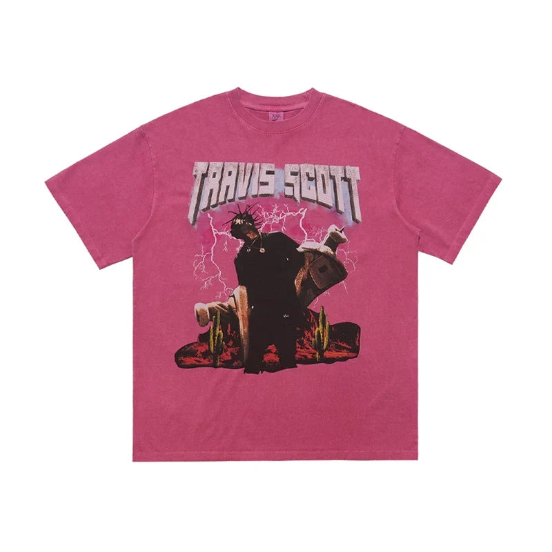 ONSEVENINE "Travis Scott" Pink Acid-Wash Graphic Tee