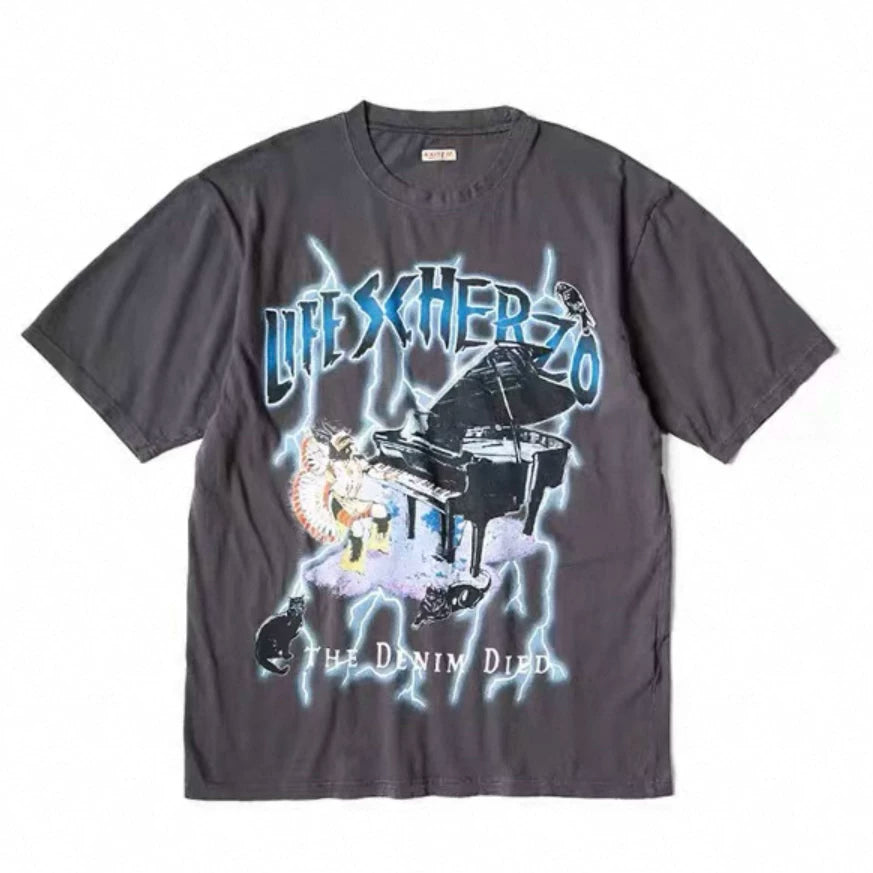 25SS KAPITAL Hirata and Hongri casual Indian piano print washed round neck short sleeved T-shirt