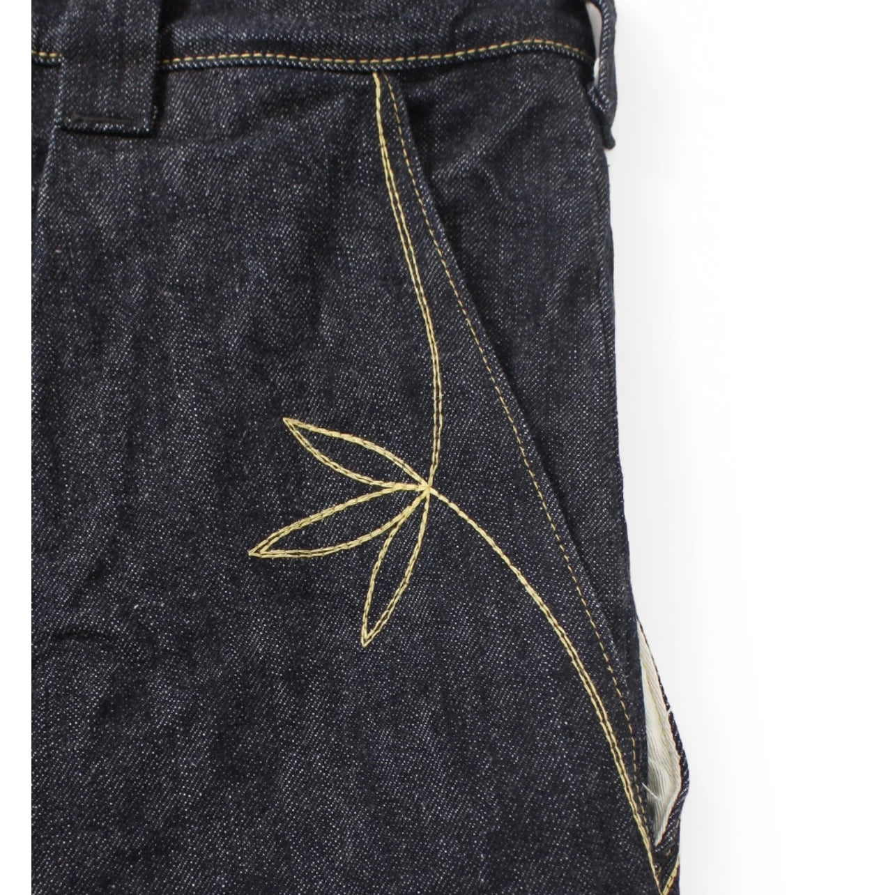 26SS KAPITAL HH Hirata and Hongri denim blue dye embroidered four pocket knee high denim pants