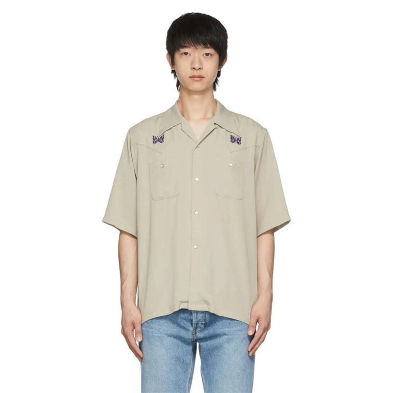 Needles Bieber's summer court style butterfly embroidery niche pocket loose short sleeved shirt