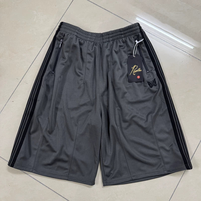 Real shot NEEDLES butterfly embroidery European and American trendy brand striped ribbon loose wide leg sports and leisure seven inch shorts