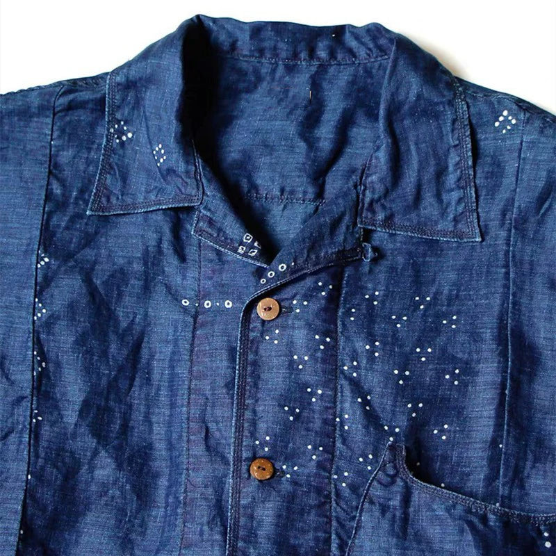 21SS KAPITAL Hirata Kazuhiro Blue Dyed Denim Denim Cotton Printed Splicing Japanese Retro Short Sleeve Shirt