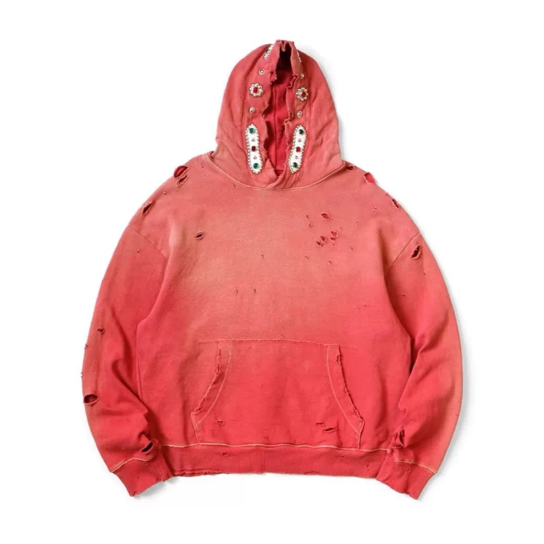 Bieber's same 25AW KAPITAL Hirata and Hiroshi style batik wash damaged gemstone hooded sweatshirt
