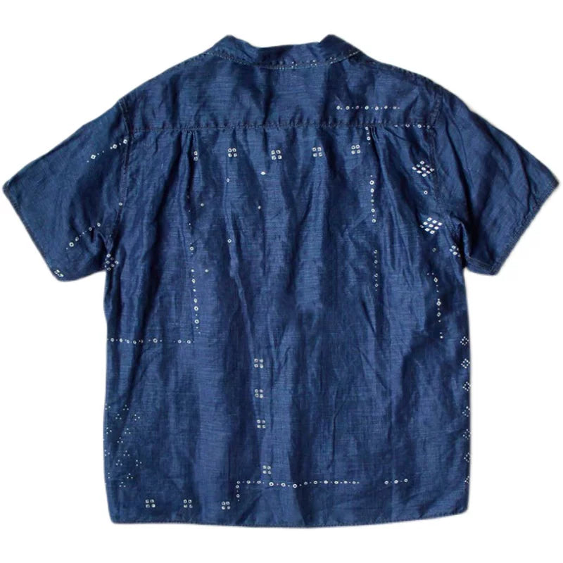21SS KAPITAL Hirata Kazuhiro Blue Dyed Denim Denim Cotton Printed Splicing Japanese Retro Short Sleeve Shirt