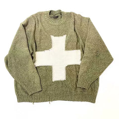 20AW KAPITAL Hirata Kazuhiro Cross Pattern Pierced Round Neck Knitted Sweater Hoodie Long Sleeve Sweater