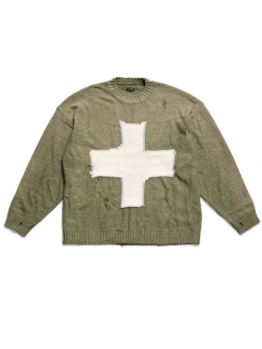 20AW KAPITAL Hirata Kazuhiro Cross Pattern Pierced Round Neck Knitted Sweater Hoodie Long Sleeve Sweater