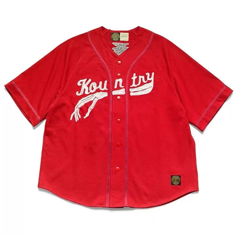 KAPITAL Japanese baseball short sleeved shirt, good morning same style embroidered cardigan, Hirata Kazuhiro style shirt, skin friendly breathable pure cotton shirt, Japanese casual bone embroidery shirt