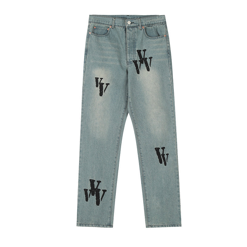 VLONE Nail‑Graphic Light Wash Jeans