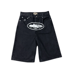 Corteiz Island‑Print Black Denim Jorts